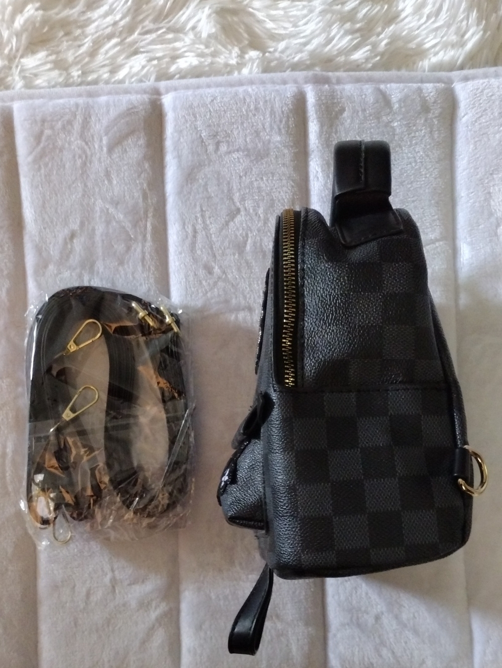 Black Checkered Backpack Sling Bag with Gold Hardware
